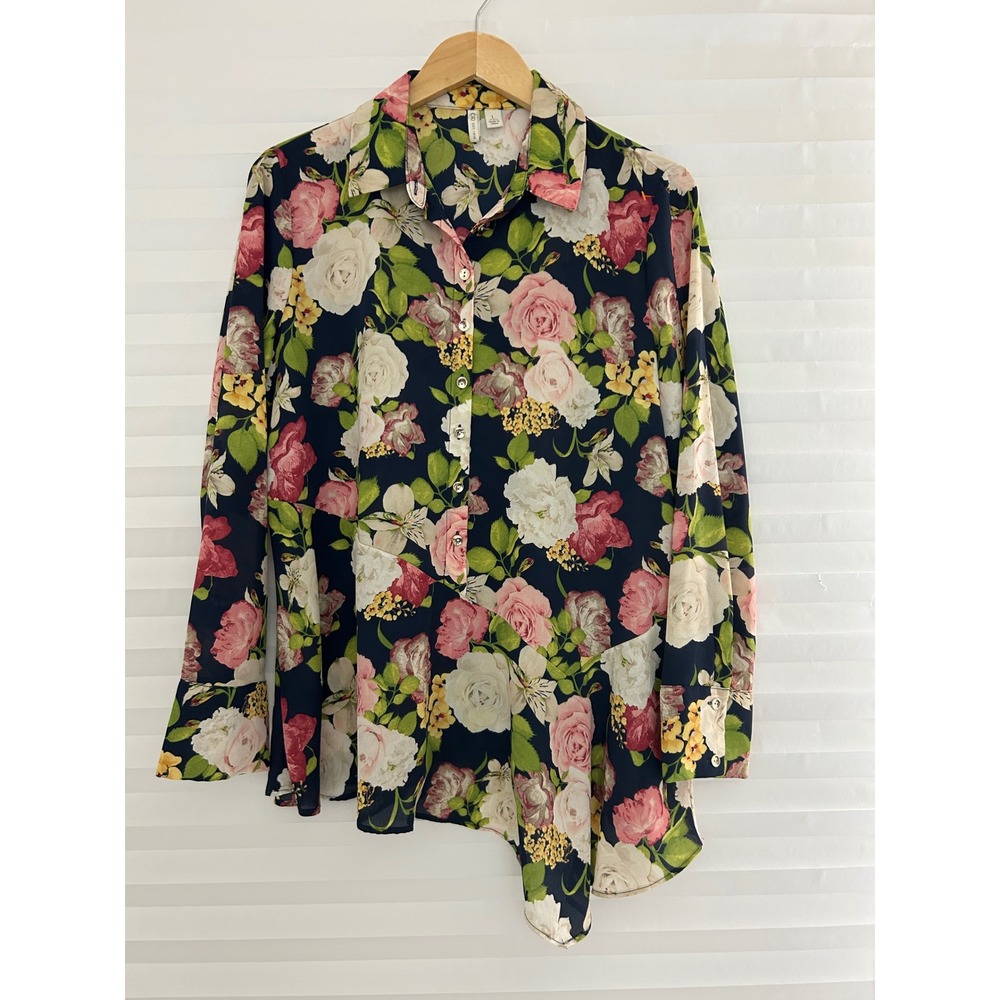 Cato Womens Floral Button Down Blouse‎ Navy Pink Asymmetrical Peplum Top Large